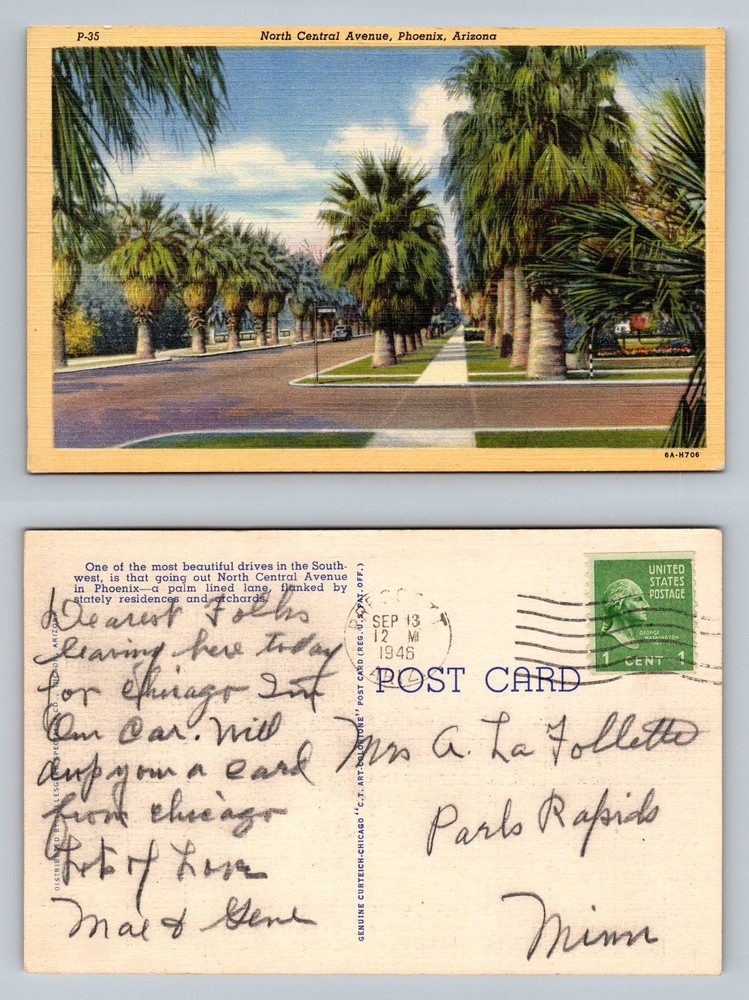 Phoenix, AZ-Arizona, North Central Avenue Palm Lined St. Vintage c1946 Postcard