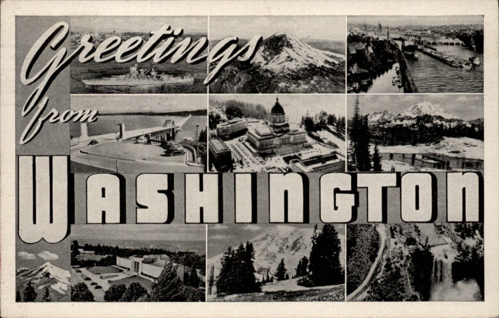 Washington Greetings Large Letter black white multiview unused vintage postcard