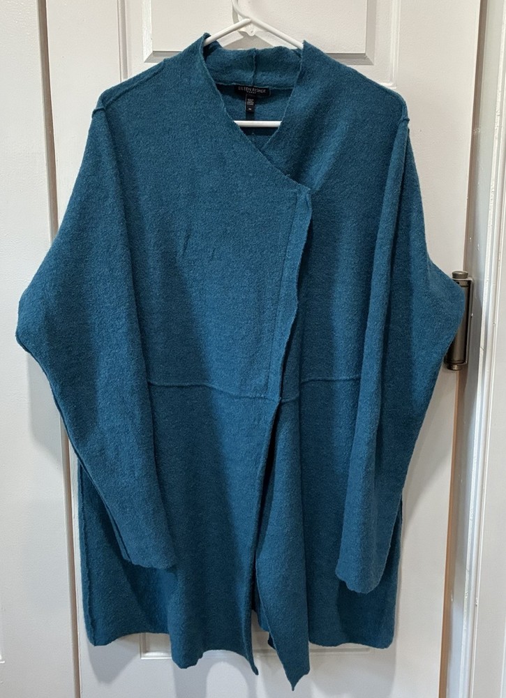 Eileen Fisher Women’s Asymmetrical Zipper Boiled Merino Wool Cardigan Blue Sz 2X