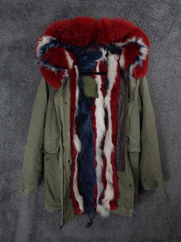 Mr & Mrs Coat Womens Small Green Parka Jacket Fox Raccoon Fur Hooded Made Italy