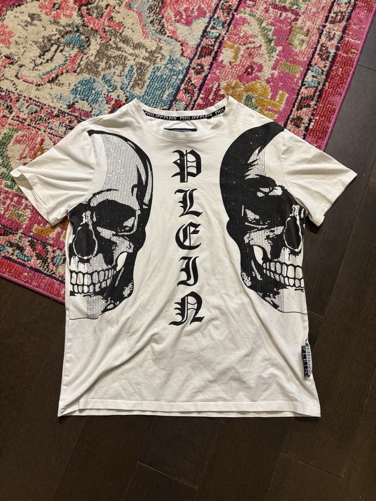 Philipp Plein Platinum Cut Gemstone Skull Graphic Cotton T-Shirt White Black 2XL