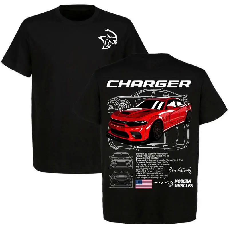Dodge Charger Hellcat Red T-Shirt ? Red Muscle Car Graphic Tee with Blueprints