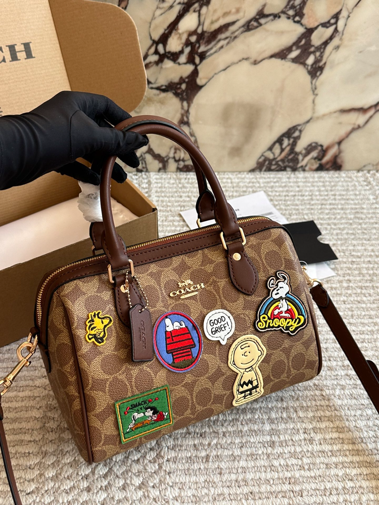 NWT Coach X Peanuts Rowan Satchel Bag Signature Canvas Snoopy Patch OUTLET