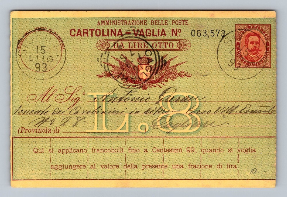 Italy- Sardinia Postal Money Order Standard Postal Old Vintage c1893 Postcard