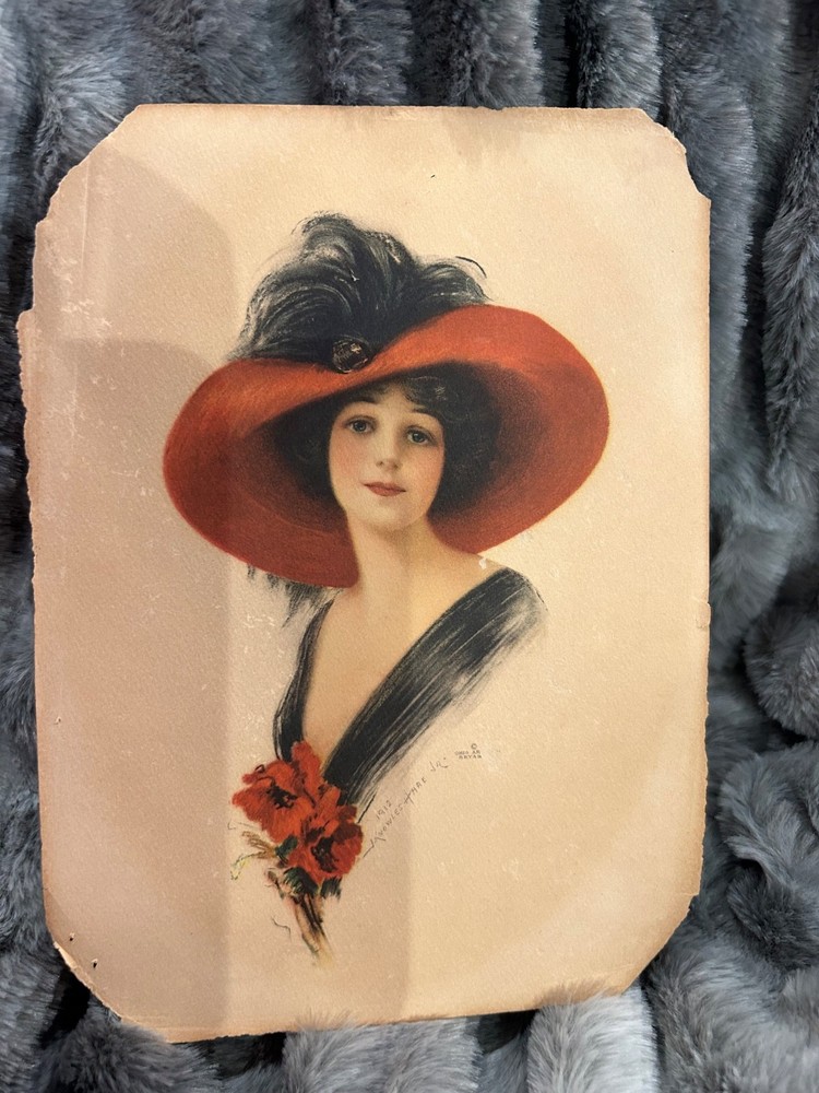 Vintage Print Lithograph J Knowles Hare Jr Ohio Art Co. Pretty Woman In Hat 1912