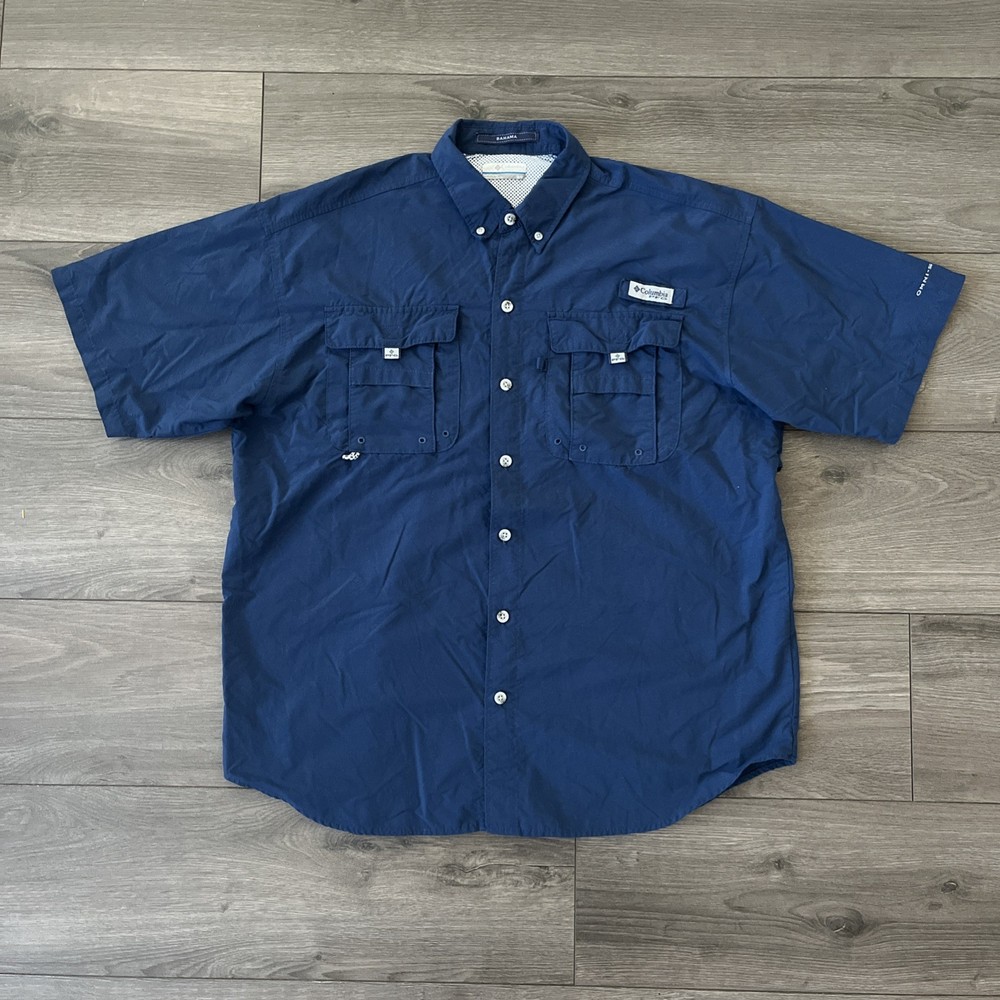 Columbia PFG Bahama Vented Fishing Shirt Mens M Blue Button Up Short Sleeve
