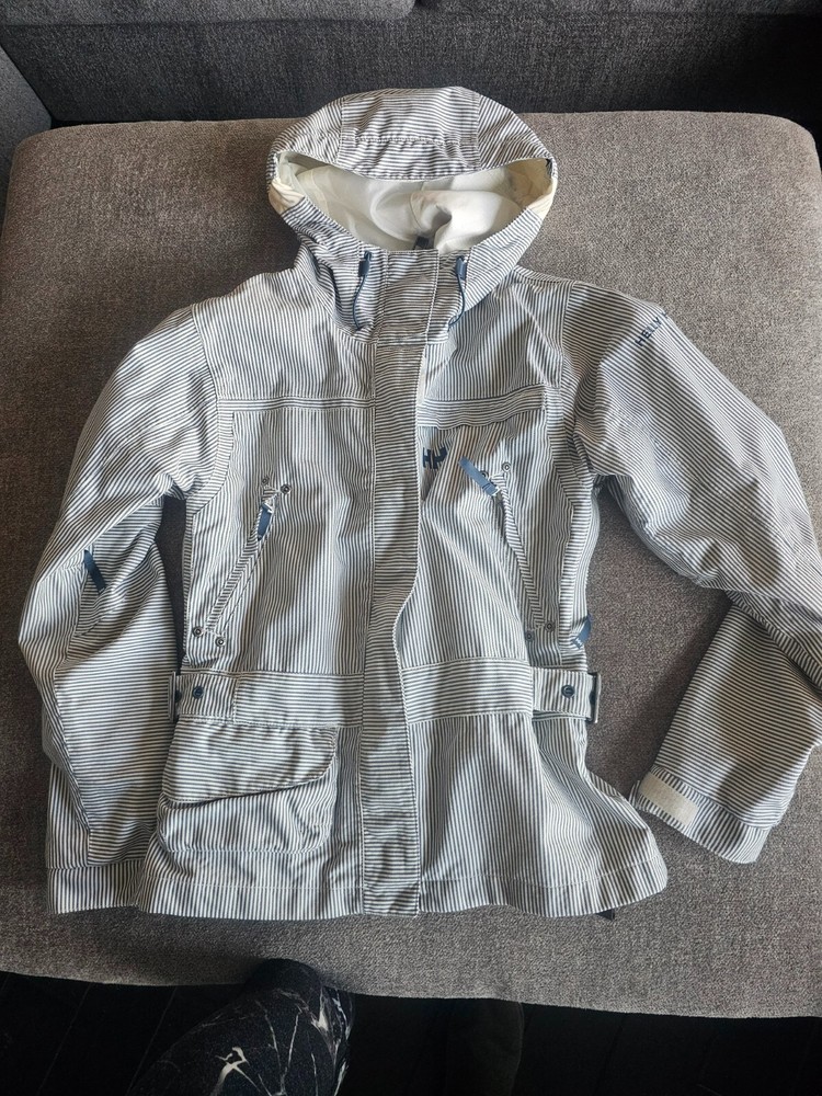 Blue and White Striped Helly Hansen Ski Jacket with Hood Zip Pockets and Arm Vents