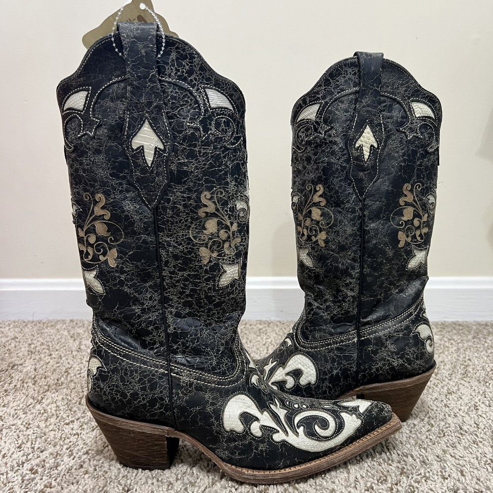 Vintage Western Leather Boots with Lizard Inlay Distressed Pointed Toe Size 7
