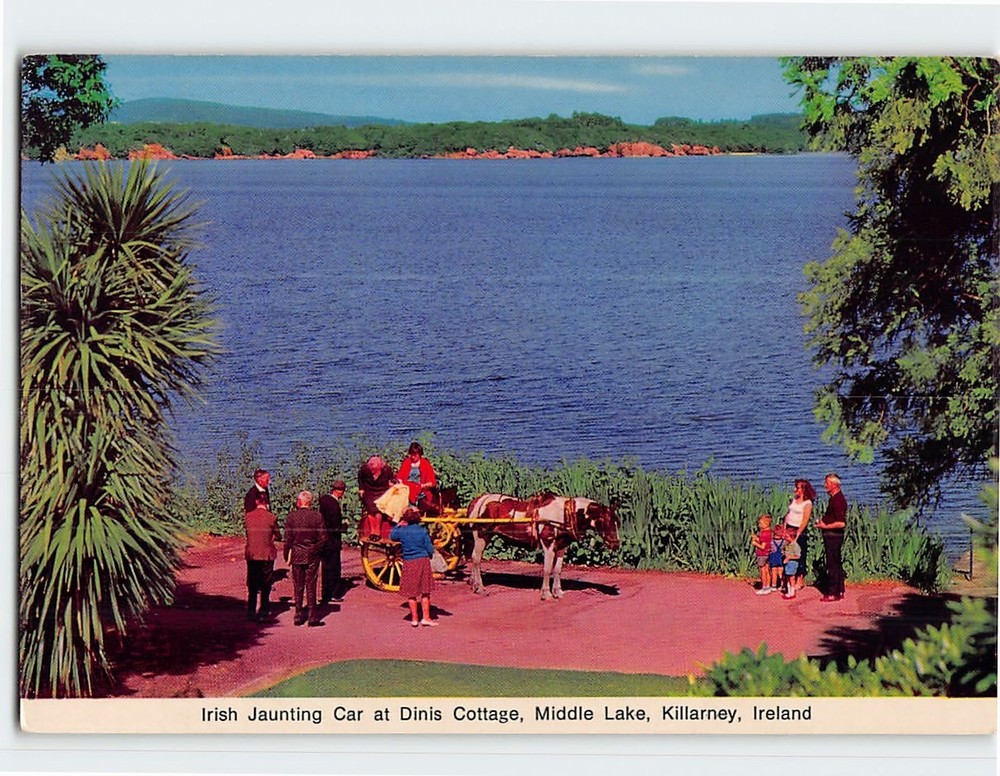 Postcard Irish Jaunting Car at Dinis Cottage Middle Lake Killarney Ireland