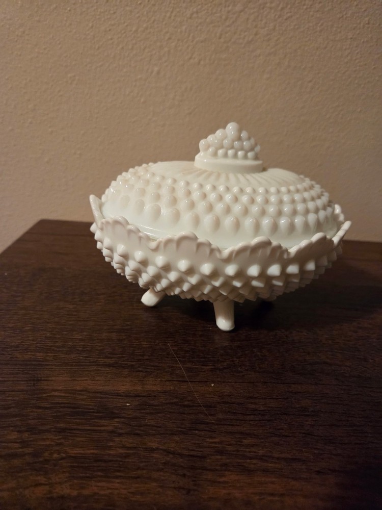 Vintage Fenton White Milk Glass Hobnail Oval Footed Covered Candy Dish with Lid