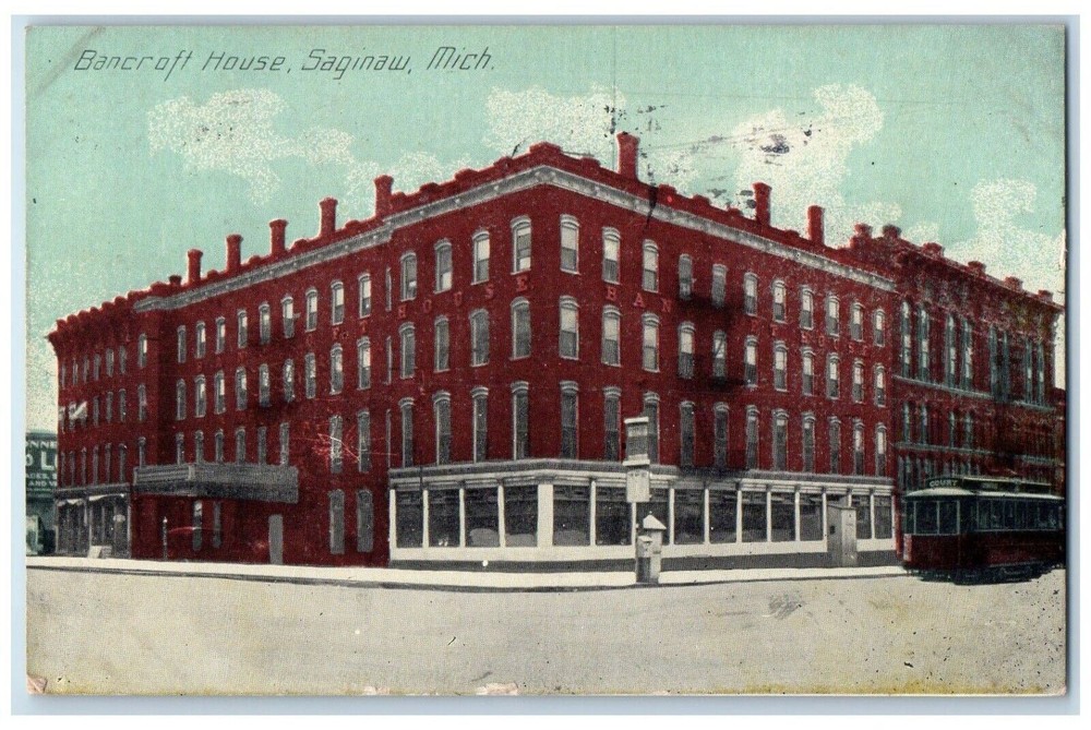1912 Bancroft House Building Streetcar Saginaw Michigan Antique Vintage Postcard
