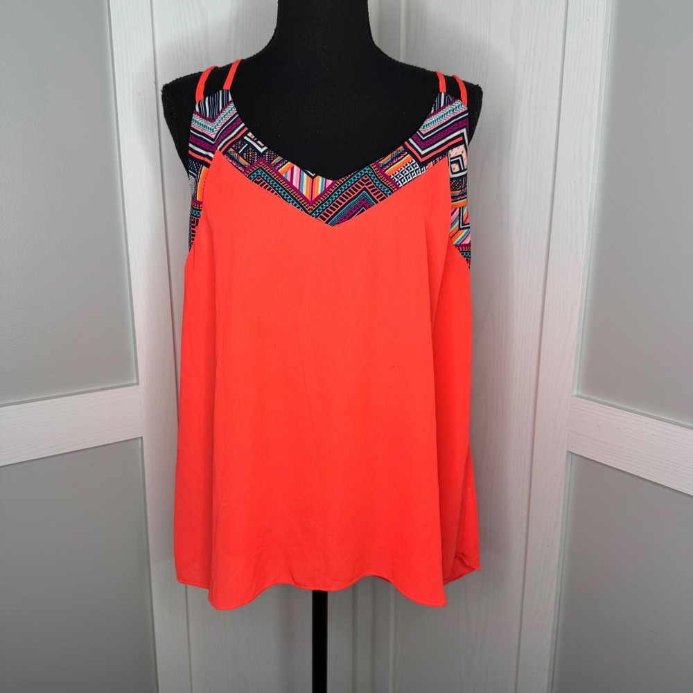 Rue 21 Tank Top Womens Large Orange Geometric Trim Relaxed Fit Sleeveless