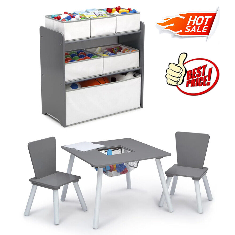 Children 4-Piece Toddler Playroom Set with Storage Multi-Bin Toy Organizer Grey