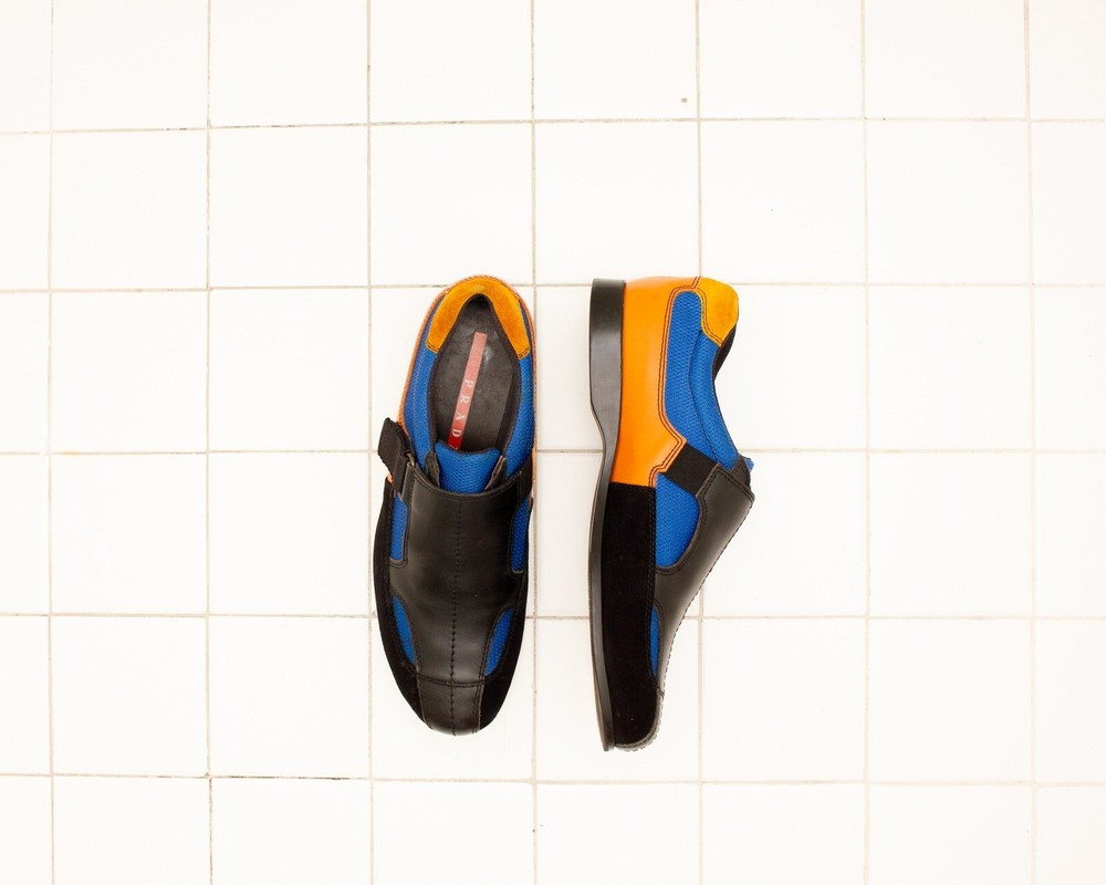 Prada Orange Blue Black Leather Suede Mesh Monk Sneakers Men Size 8.5 $899