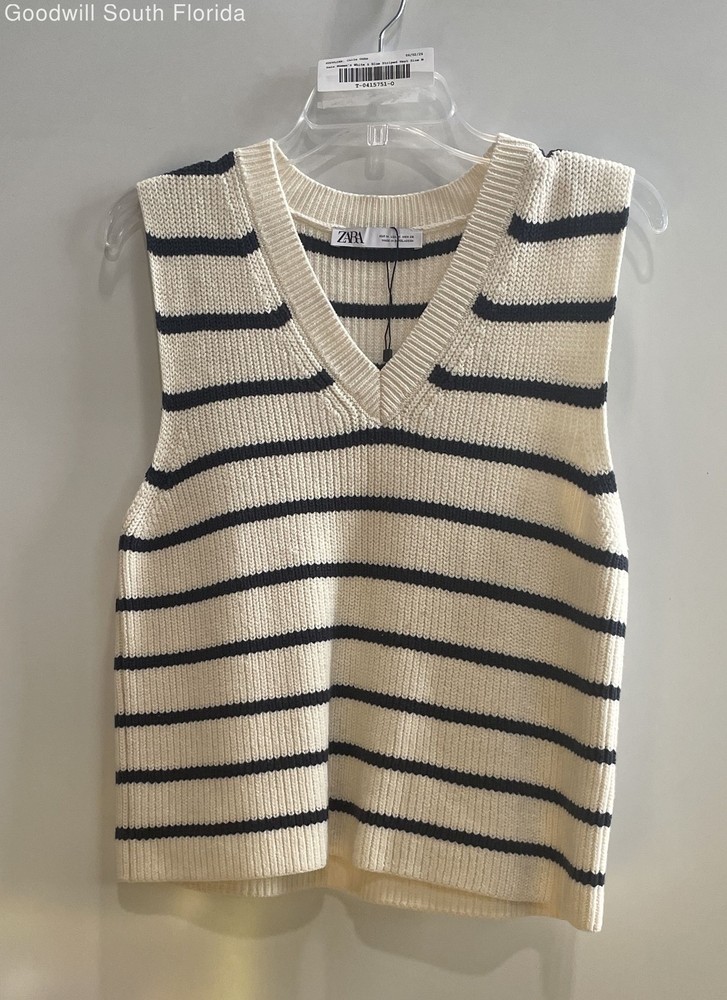 Zara Womens White & Blue Striped Knitted V-Neck Pullover Vest Sweater Size M