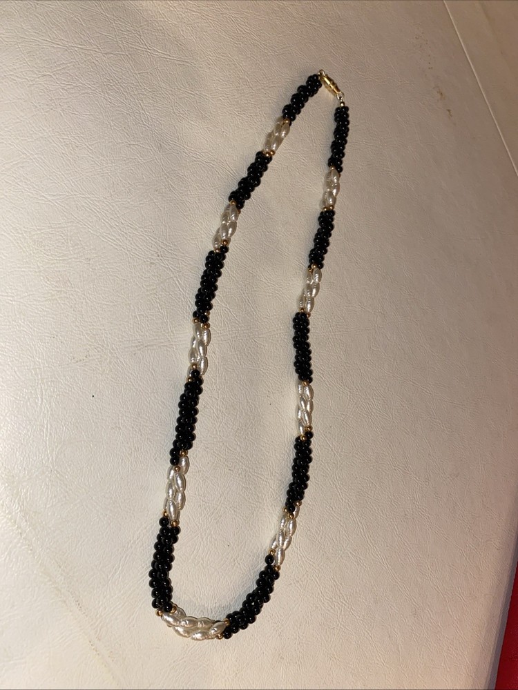 Vtg 3 Twisted Strand Freshwater Pearl Black And Gold tone Bead Necklace 22”