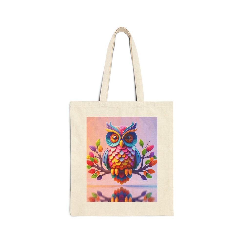 Colorful 3D Owl on Branch Cotton Canvas Tote Bag Gift