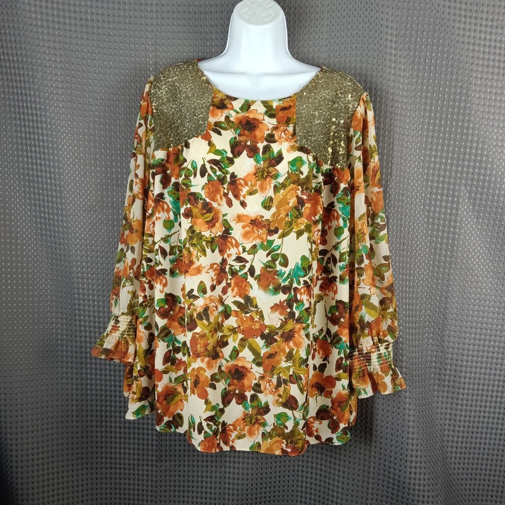 Cato 3X Floral Blouse Orange Green Gold Metallic Stripe Smocked Cuff Top women's