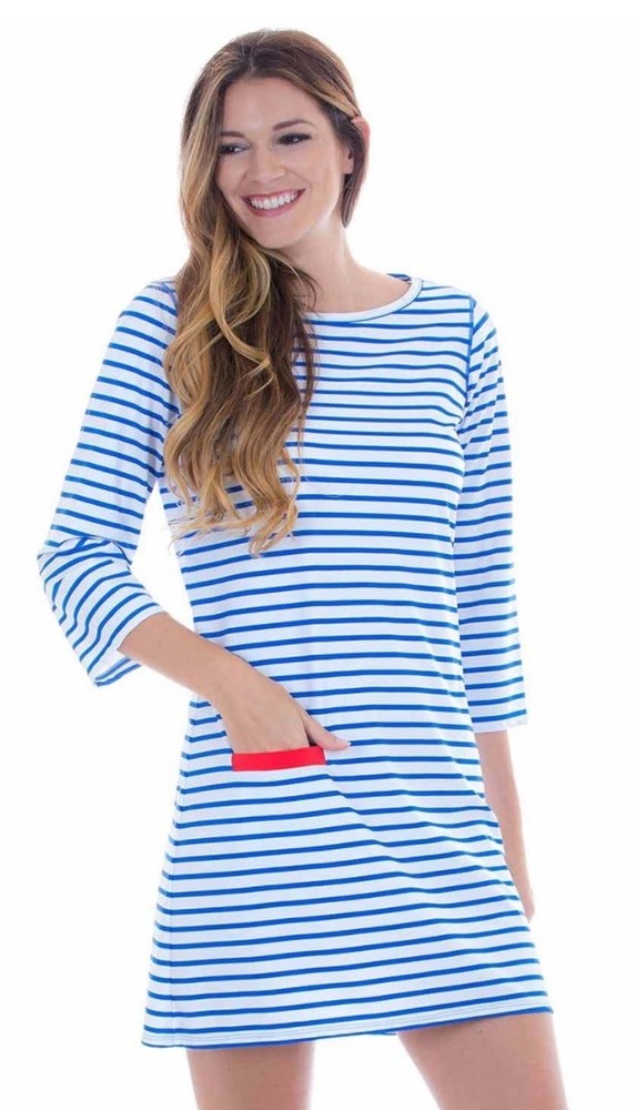 Cabana Life 3/4 Sleeve Stretchy Shift Pocket Dress Size L Blue White Stripe Pool
