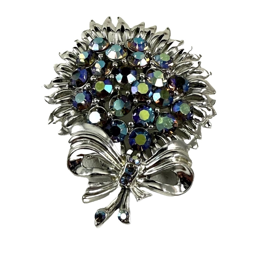Vintage AURORA BOREALIS AB Rhinestone Flower Silver Tone Brooch Signed STAR