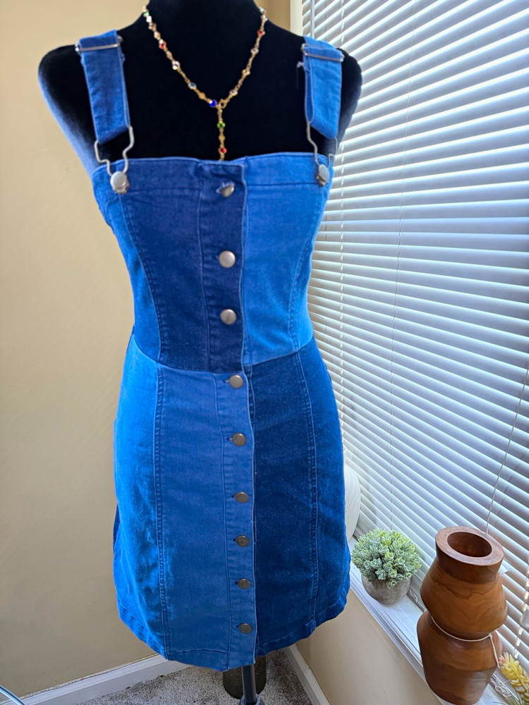 Derek Heart Blue Denim Colorblock Button Front Overall Mini Dress Size S
