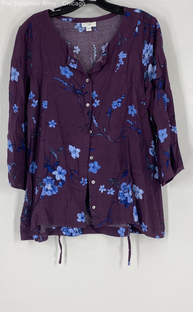 J. Jill Womens Purple Blue Floral 3/4 Sleeve Button Front Blouse Top Size M
