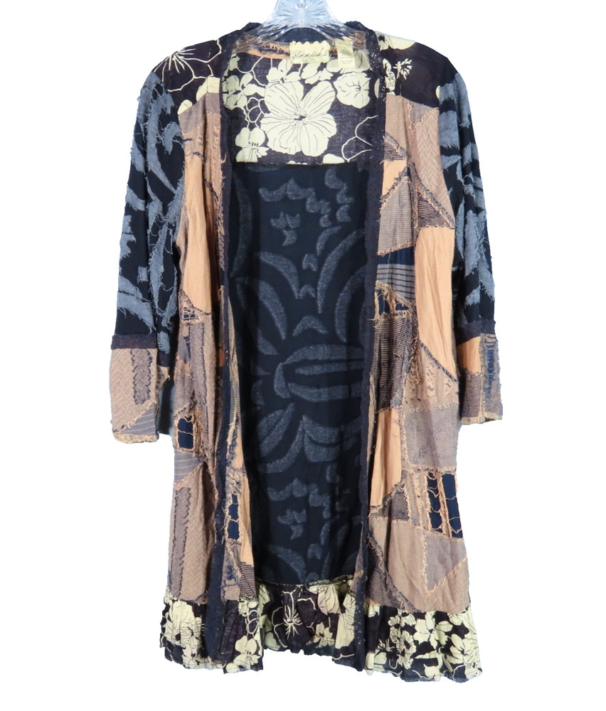 GIMMICKS by BKE Patchwork Kimono Open Cardigan Top BLUE/MAUVE Lace Rips Frayed L