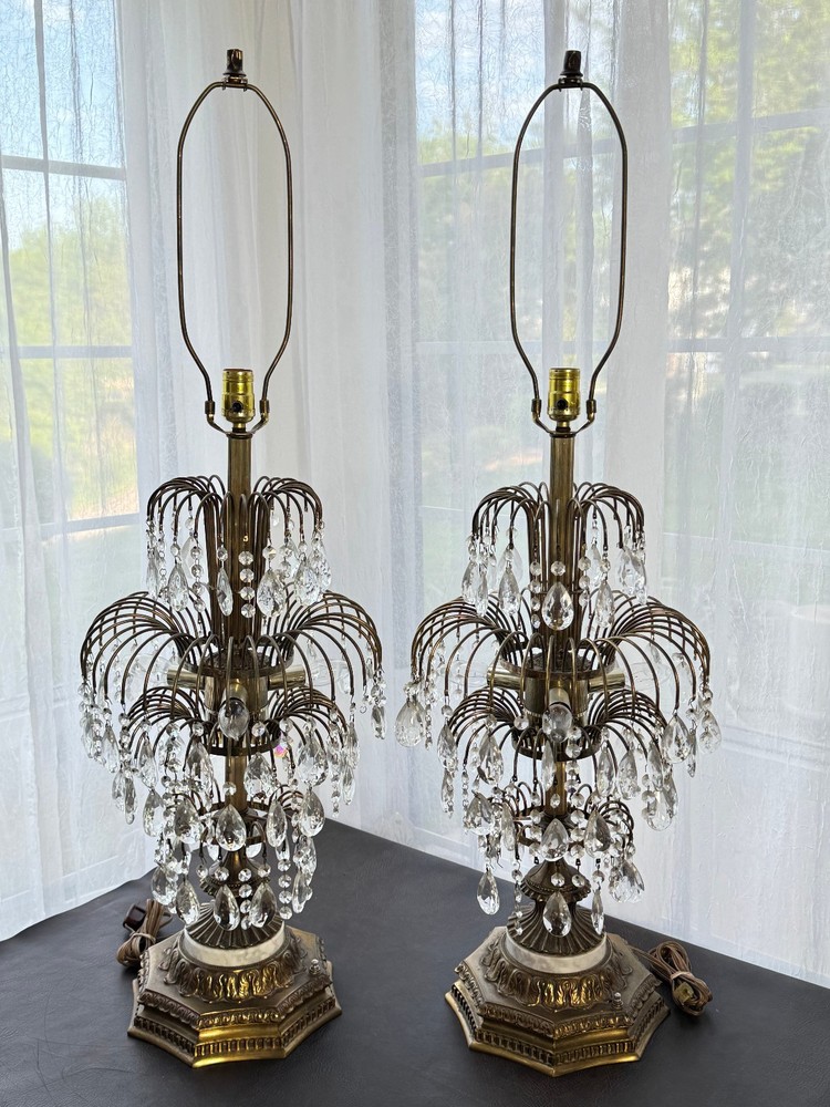 Vintage Waterfall Crystal Lamps Light Hollywood Regency MCM Mid Century 42