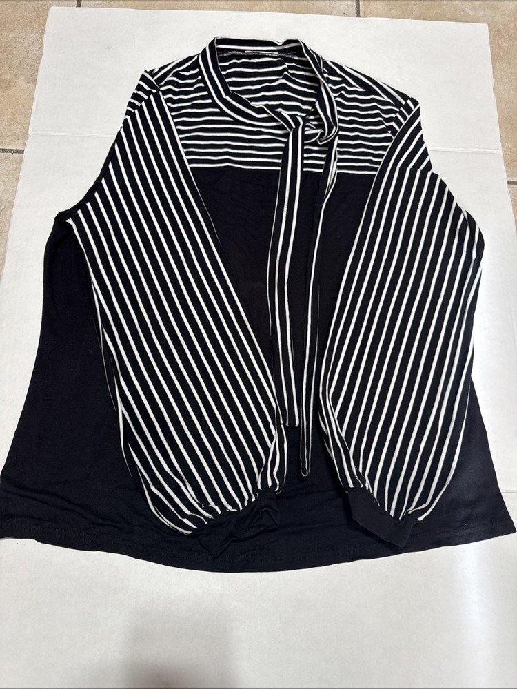 In'Voland Women's Striped Tie Neck Long Sleeve Blouse Black White Color Block