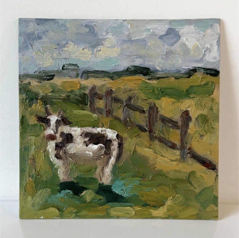 Original Impressionist Oil Painting Cow Landscape Field Fence Sky Animal Art