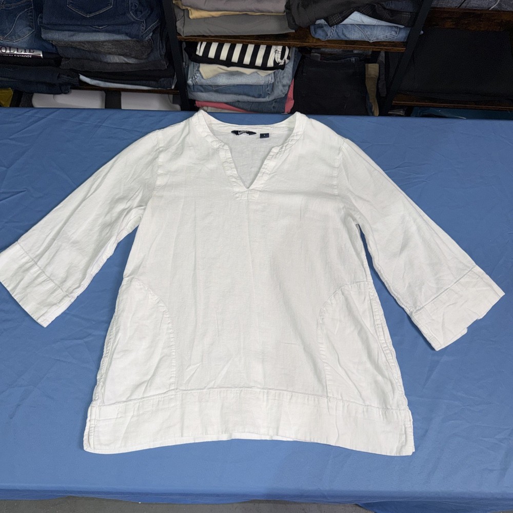 LANDS' END Split Neck 3/4 Sleeve Tunic Linen Blend Shirt NWT Womens Size S