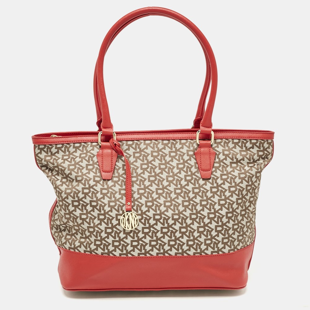 DKNY Red Beige Signature Canvas Leather Zip Tote Bag  