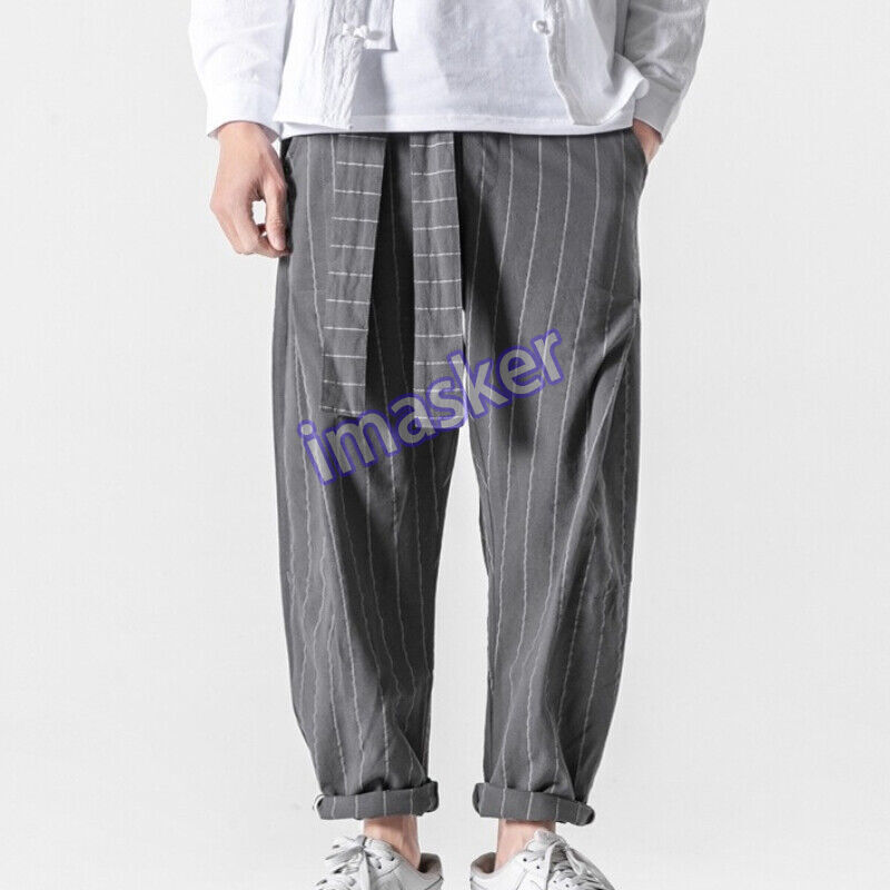 Men's Linen Kung Fu Pants Striped Tai Chi Wushu Training