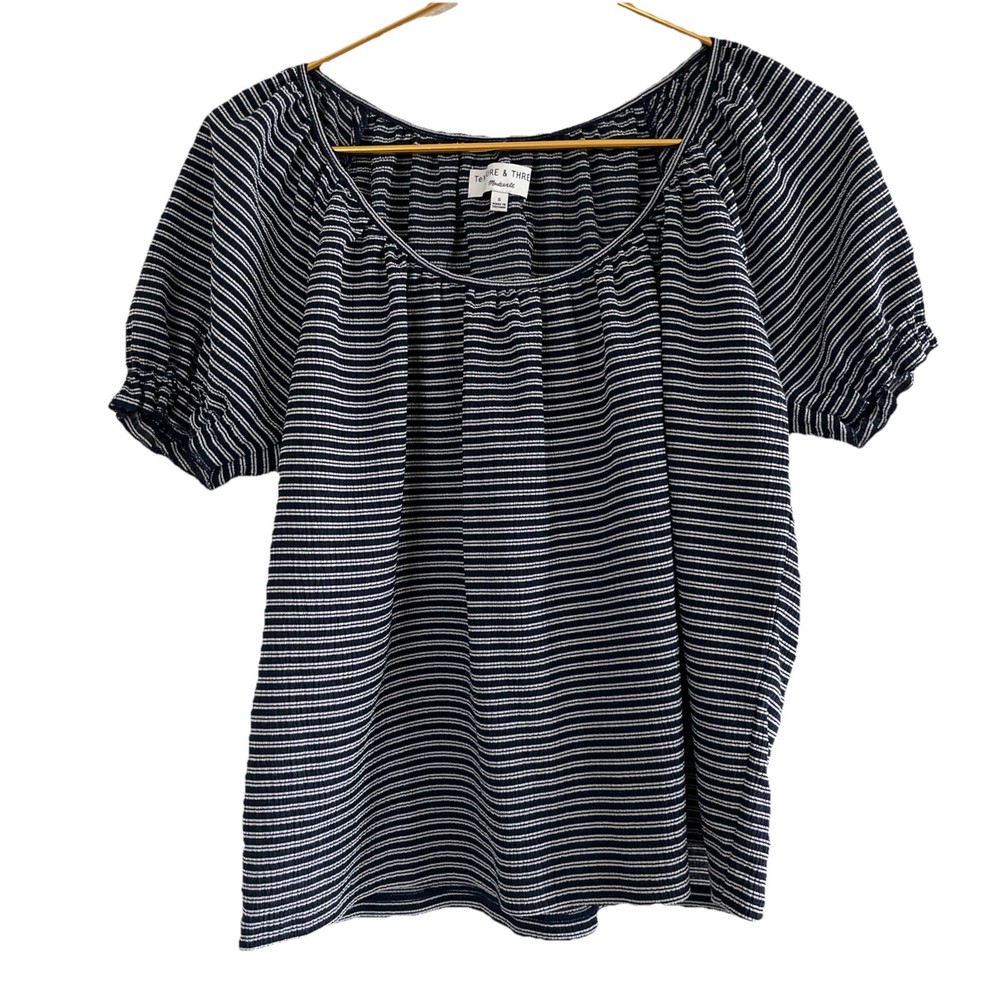 Madewell Texture & Thread Navy & White Striped Peasant Blouse