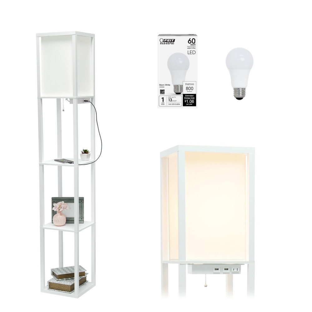 LF1037-WHT-LB Three Shelf Etagere Organizer Storage Floor Lamp with 2 Dual US...