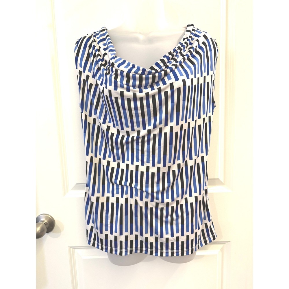 Worthington Womens Large Blue Black Geometric Cowl Neck Sleeveless Blouse Top