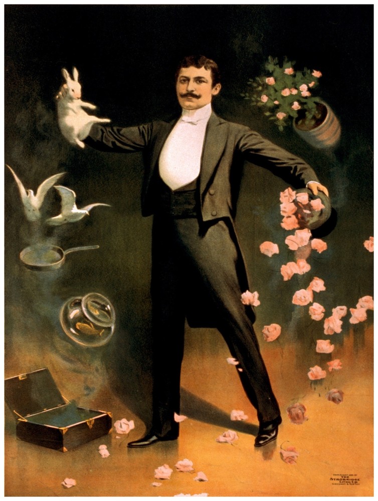 9544.Magician dressed in black.rabbits.pink flowers.POSTER.decor Home Office art