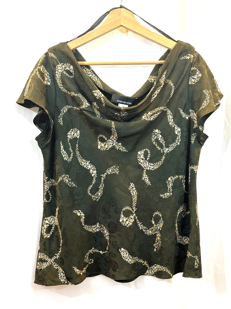 Jones New York Silk Blouse, Feminine, Green Dainty Floral, Drape Neck-Size 16