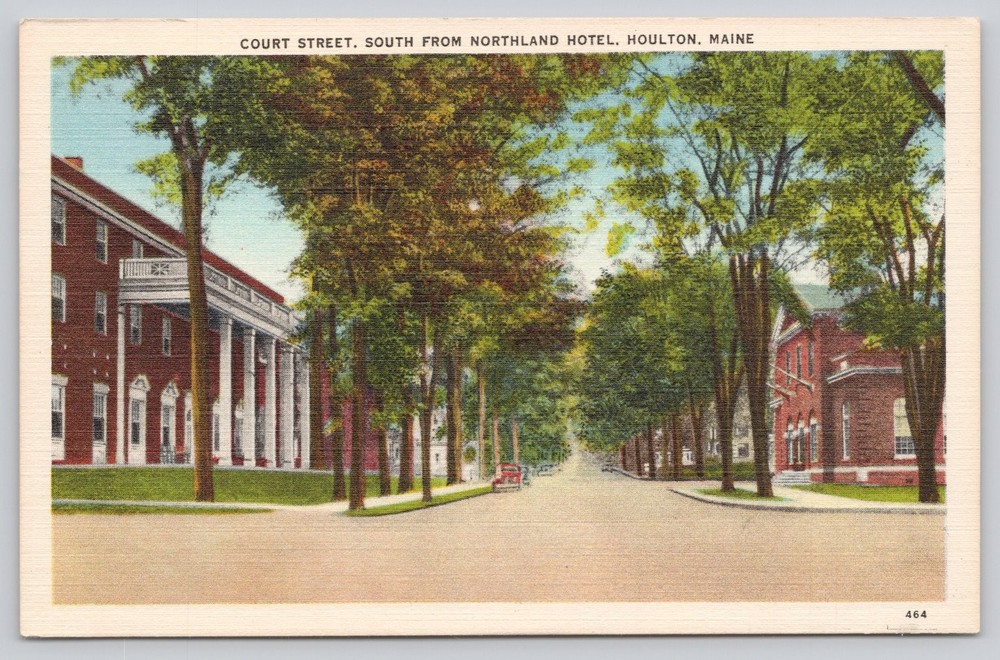 Houlton Maine Court Street Northland Hotel Linen Postcard American Art