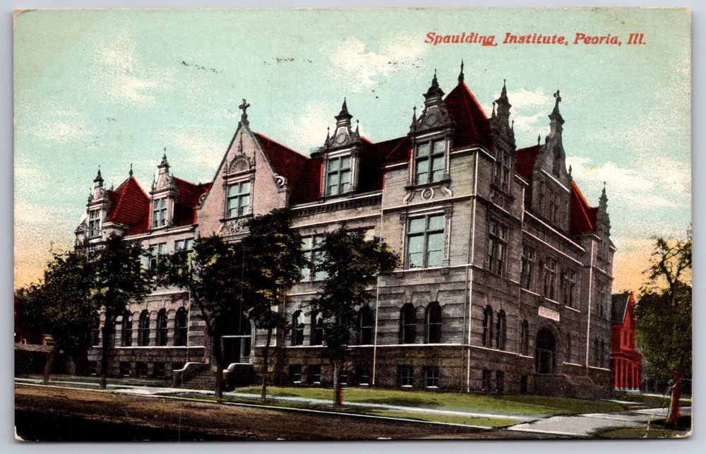 Peoria Illinois~Spalding Inst Bldg Street View~Cross~Chateau~c1910 Postcard