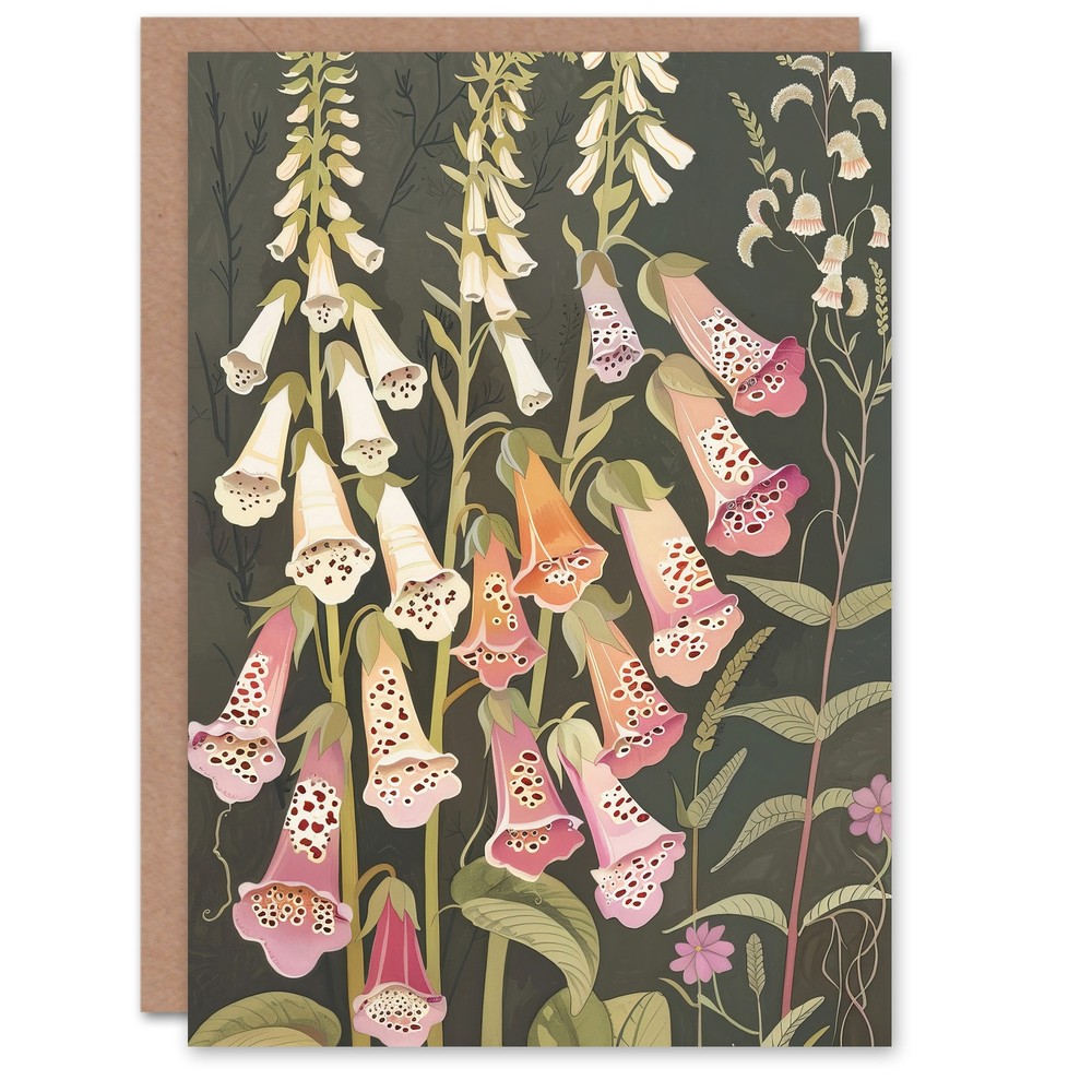 Greeting Card Foxglove Flowers Floral Spring Botanical Blooms Blank Birthday