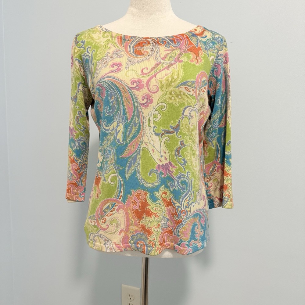 Lauren Ralph Lauren Women’s Silk Blend 3/4 Sleeve Paisley Print Top Size S