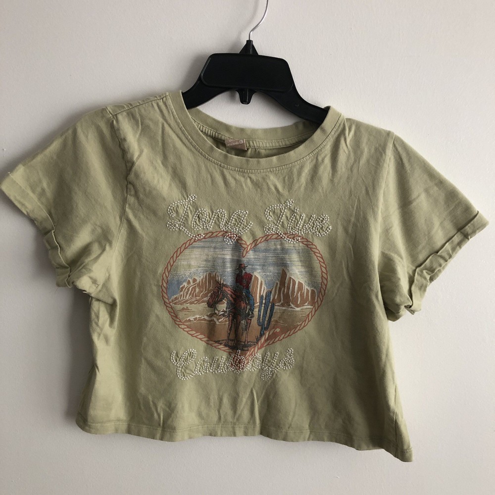 Messy Bun Just Chillin Long Live Cowboys Cropped Graphic T-shirt Women's Small
