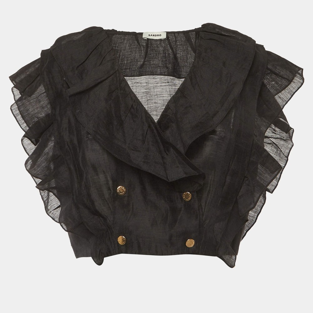 Sandro Black Linen Blend Folie Ruffled Crop Top S