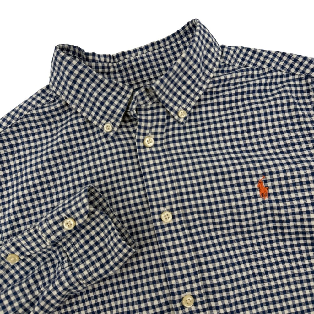 Ralph Lauren Boys Large 14-16 Gingham Button Down Shirt Navy White Cotton