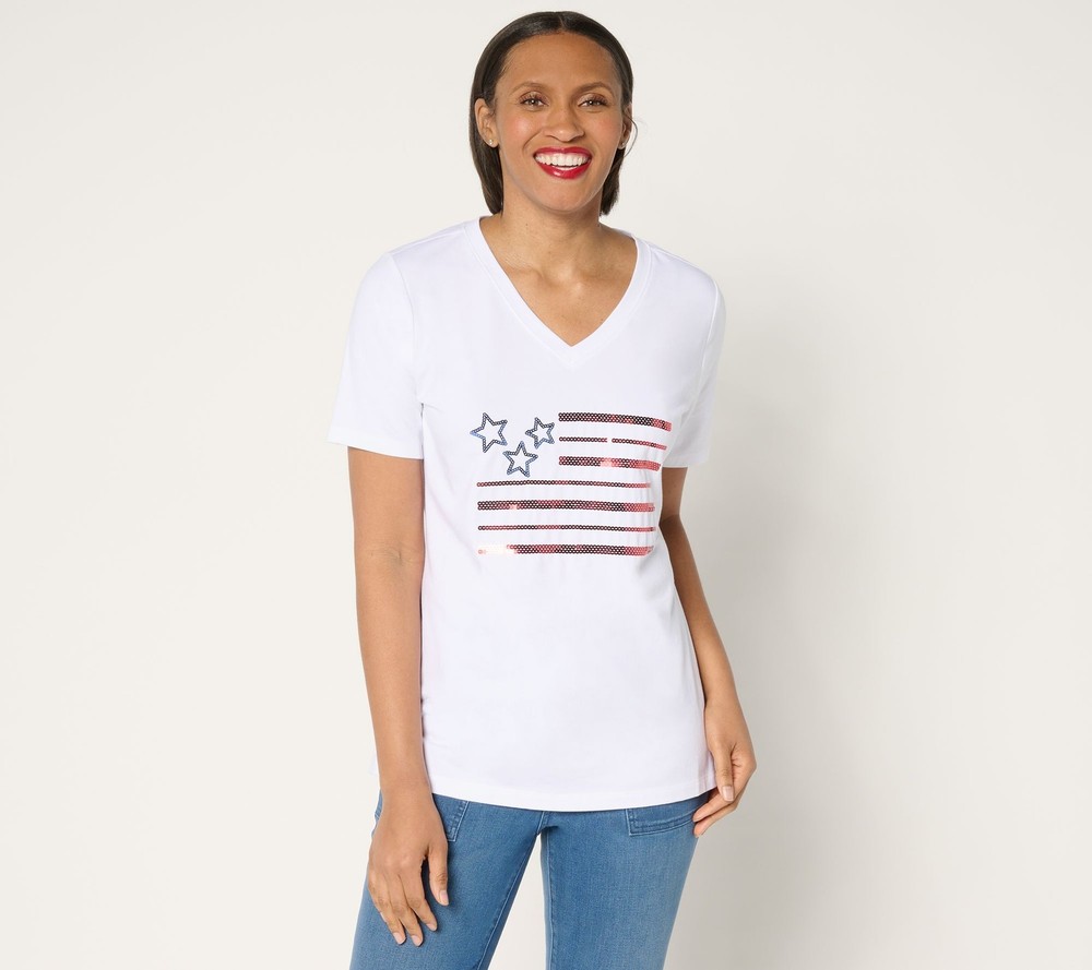Denim & Co. Women's Top Sz XL Americana Favorite Jersey Sequin Flag White