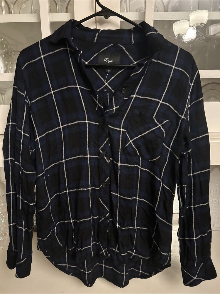 Rails Women's Long Sleeve Navy Plaid Button-Down  Shirt  Size Xs
