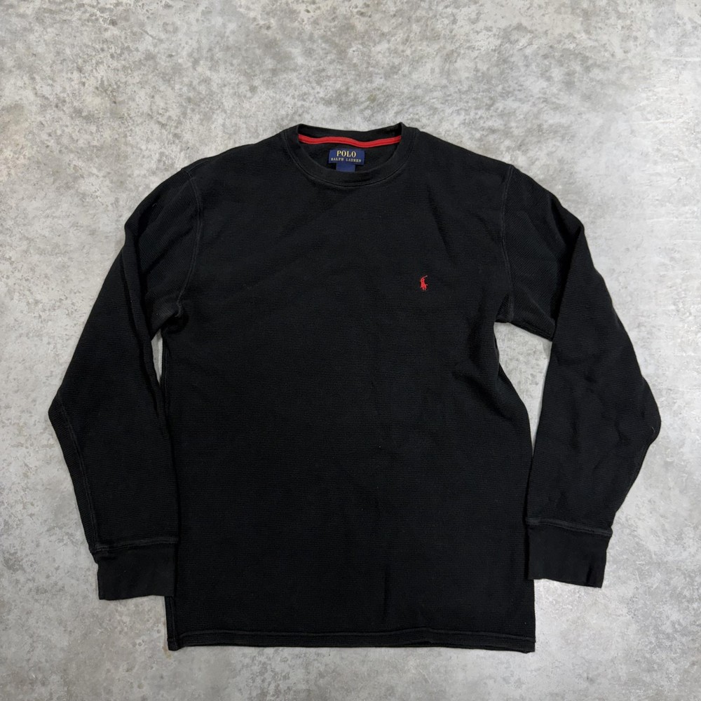 Polo Ralph Lauren Thermal Shirt Mens Large Black Waffle Knit Long Sleeve Tee