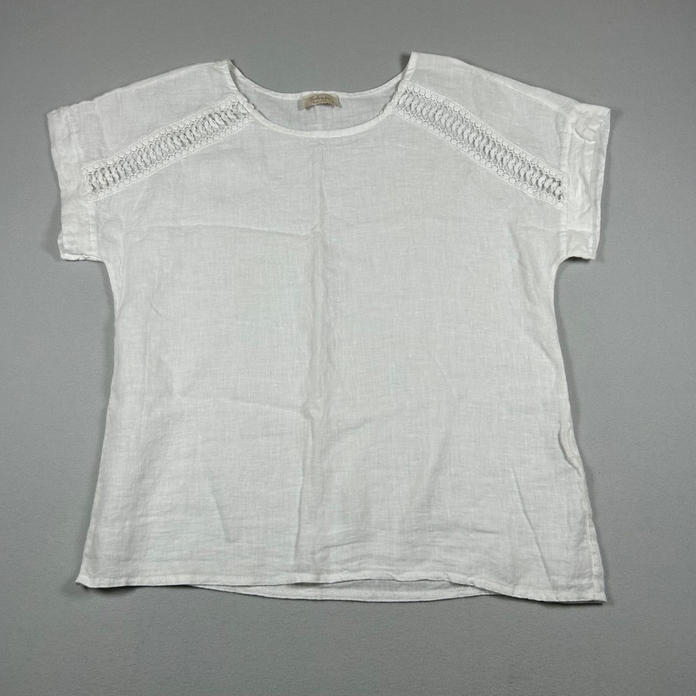 Bella Umbra Womens Linen Blouse Size S White Short Sleeve Crochet Trim Italy Top