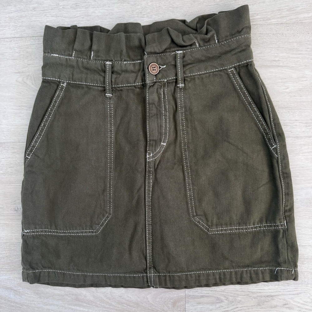 Free People Skirt Womens 4 Olive Green Paperbag Waist Denim Mini Boho